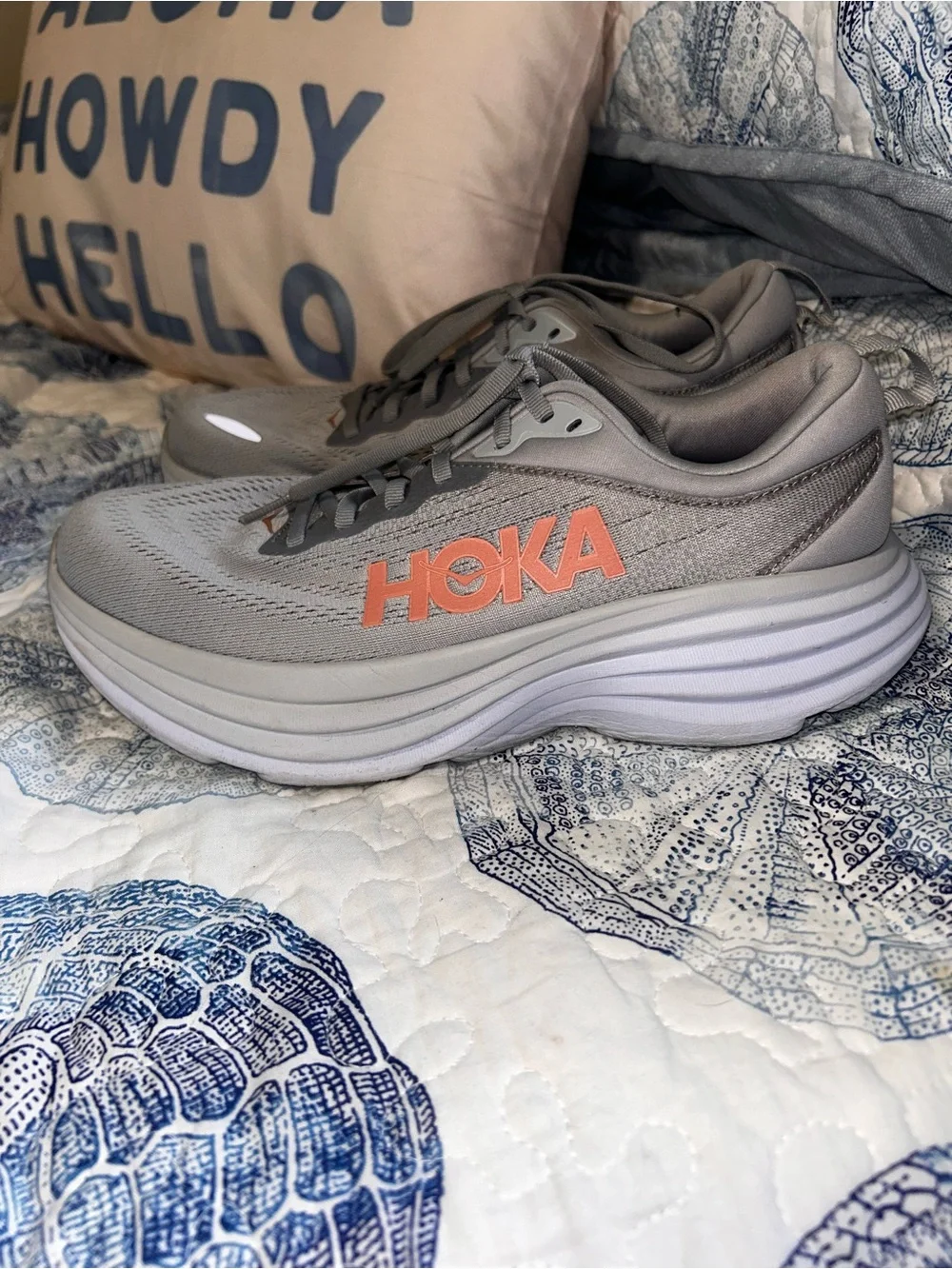 Hoka womens Gray Sneakers with Orange Logo Accents